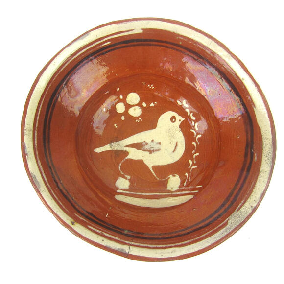 Vintage Mexican Redware Clay Pottery Bowl Bird Tlaquepaque Handmade Mexico RARE